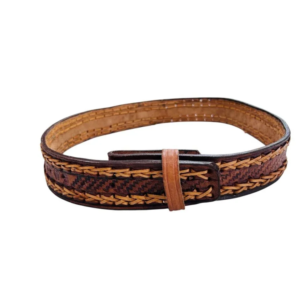 Brown Leather Western Braided Tooled Belt 30 Rodeo Country Festival